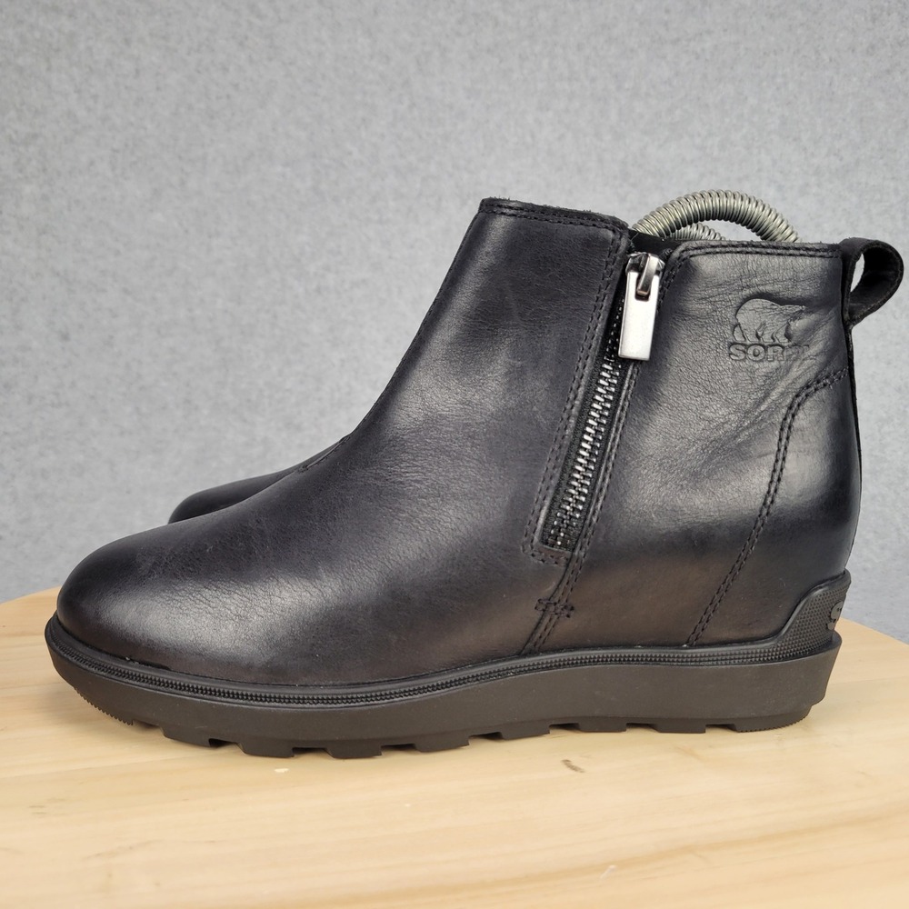 Sorel Evie II Zip Ankle Wedge Boots Womens 7 Black Leather NL5025-010